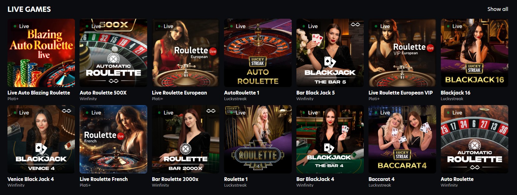Neospin live casino section with real dealers and table games
